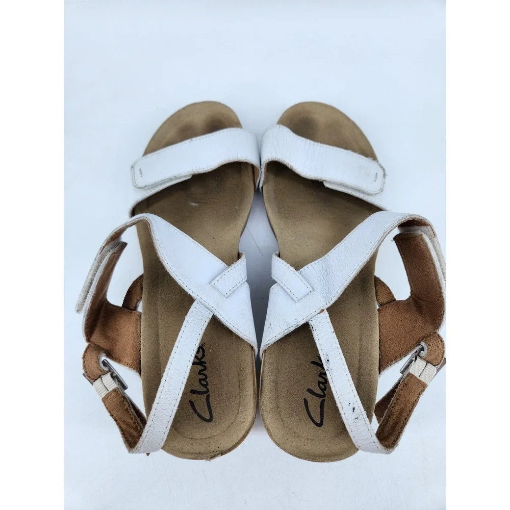 Clarks Strappy Wedge Sandals Womens 9W White Leather Adjustable Straps Slingback